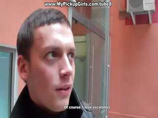 A brunette chick gets picked up at the mall and talked into giving a blowjob