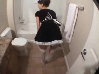 French maid in his bathroom blows and fucks